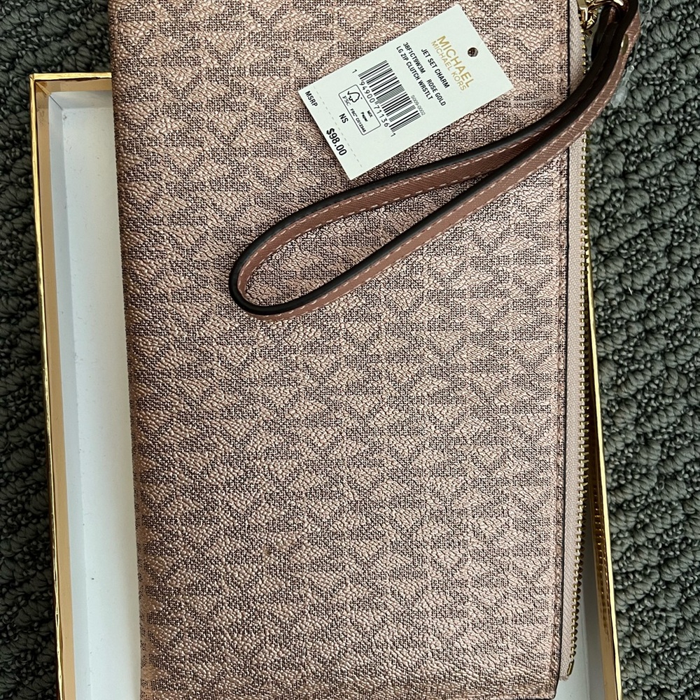 Rose Gold Michael Kors Monogram Jet Charm Wristlet Pouch
